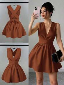 Vestido mini elegante y sexy para invitada de boda con cuello en V cruzado, sin mangas y silueta evasé, diseño versátil para conciertos, playa, fiestas, primavera/verano, con bolsillos, vestido de noche con espalda descubierta, color amarillo mantequilla - Cafetería - Ver 8