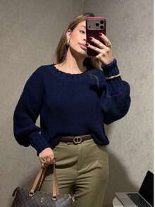 Women's Plain Basic Long-Sleeved Knit Blouse For Winter - Black - View 3