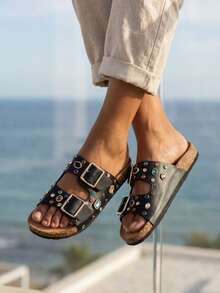Sandalias de doble correa y punta abierta, zapatillas de verano para primavera, para vacaciones de primavera y Pascua - Negro - Ver 2