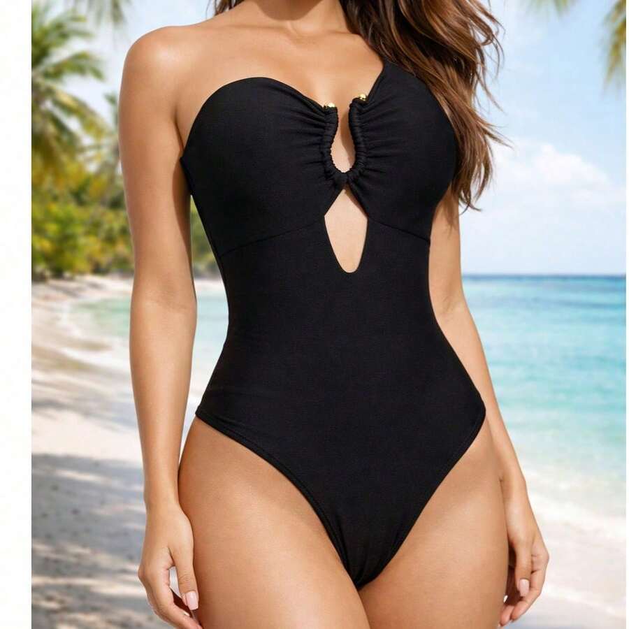 Sexy Women's One-Piece Swimsuit With An Asymmetrical Neckline, Cutouts, And High-Waisted Bottoms. - màu đen - Xem 1