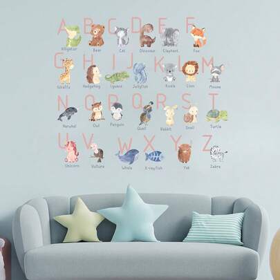 Geometrische educatieve vormen, dierenalfabet muurstickers, boho schattige gezichtjes, leerzaam voor slaapkamer, woonkamer en huisdecoratie.