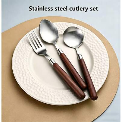 4-Piece Stainless Steel Cutlery Set, Imitation Walnut Wood Handle Stainless Steel Cutlery Set, 4/2 Stainless Steel Cutlery Set, Suitable For Home And Restaurant.