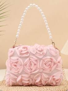 1 pezzo Borsa a tracolla 3D con fiore di rosa, catena di perle, versatile per uso quotidiano, pendolarismo, appuntamenti, abbigliamento da sera - Multicolore - Visualizzare 2