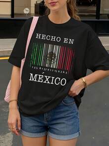 Camiseta Negra Hecho en Mexico con Codigo de Barras y Bandera Mexicana para Mujer Casual - Negro - Ver 1