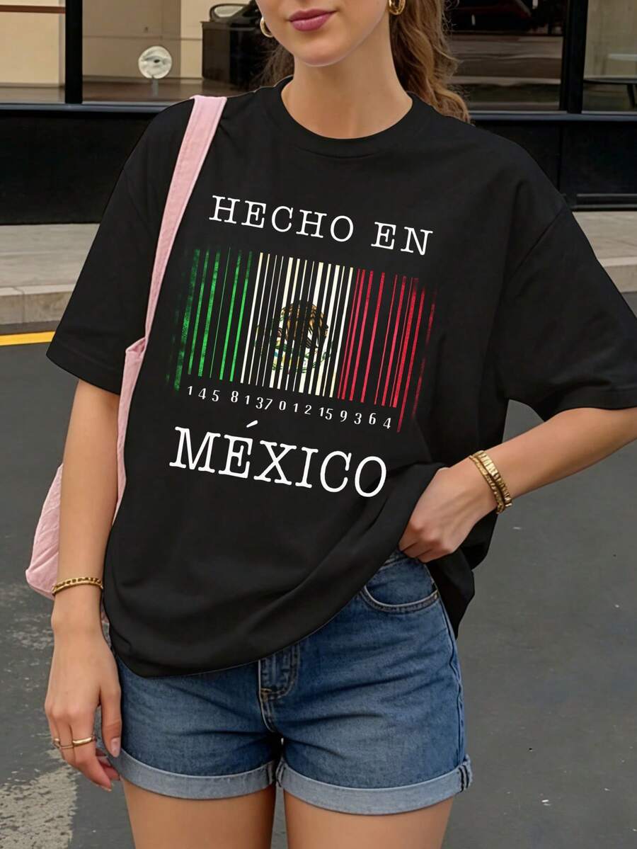 Camiseta Negra Hecho en Mexico con Codigo de Barras y Bandera Mexicana para Mujer Casual - Negro - Ver 1