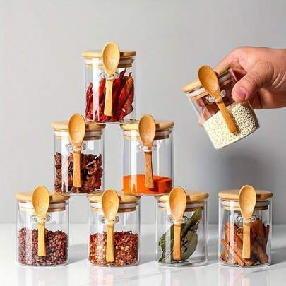 Bộ 1/3 hũ thủy tinh có nắp tre và thìa, hộp đựng thực phẩm bằng thủy tinh chịu nhiệt, kín khí, hộp đựng nhà bếp bằng thủy tinh tròn trong suốt, lý tưởng để đựng hạt cà phê, ngũ cốc, đồ ăn nhẹ, thực phẩm khô, kẹo và các loại hạt.