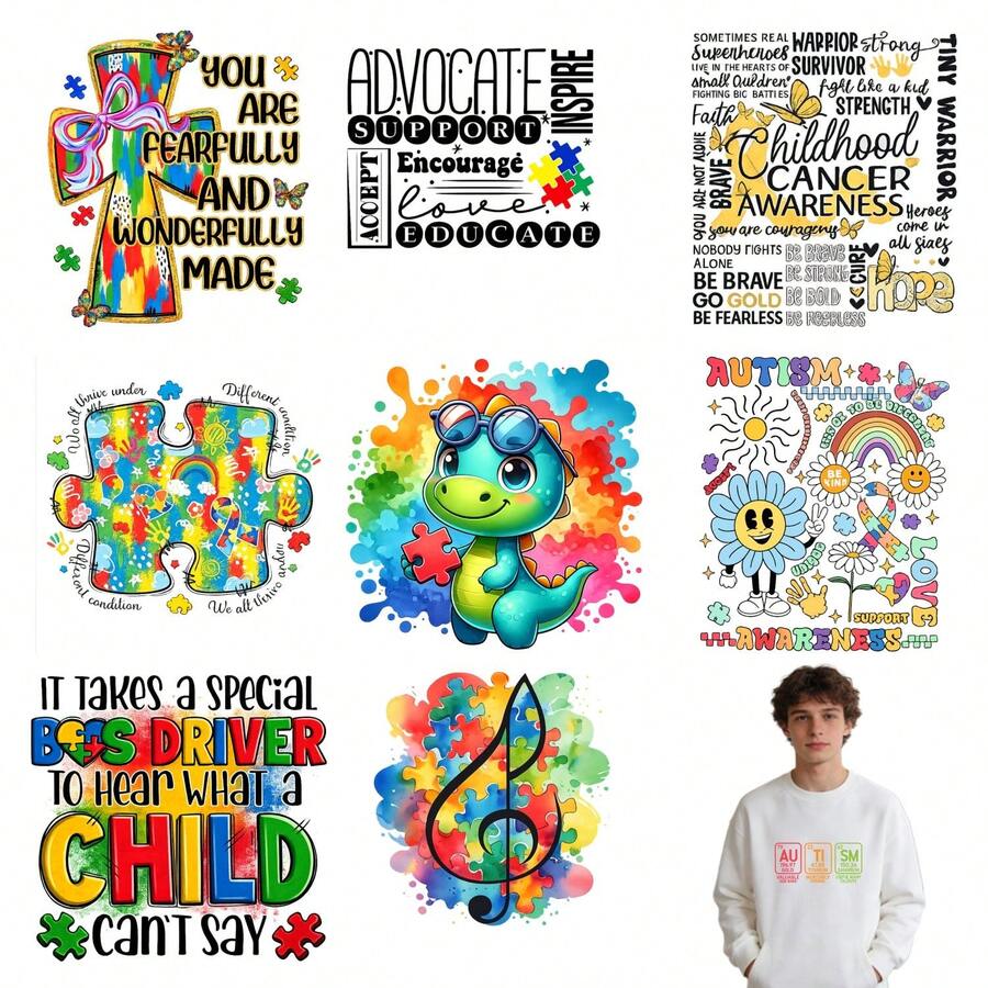 9PC DIY iron on transfers for tshirts,  Colorful Cross With Rainbow Colors And Text You Are Fearfully And Wonderfully Made   Advocate Support Encourage Love Educate With Stars And Hearts   Childhood Cancer Awareness Words In Various Fonts And Colors   Autism Puzzle Piece With Rainbow Colors And Text   Blue Dragon With Sunglasses On Watercolor Background   Sunflower With Rainbow And Text Autism Awareness   Text It Takes A Special Boss Driver To Hear What A Child Cant Say   Musical Note With - Zufälliger Stil - Übersicht 1