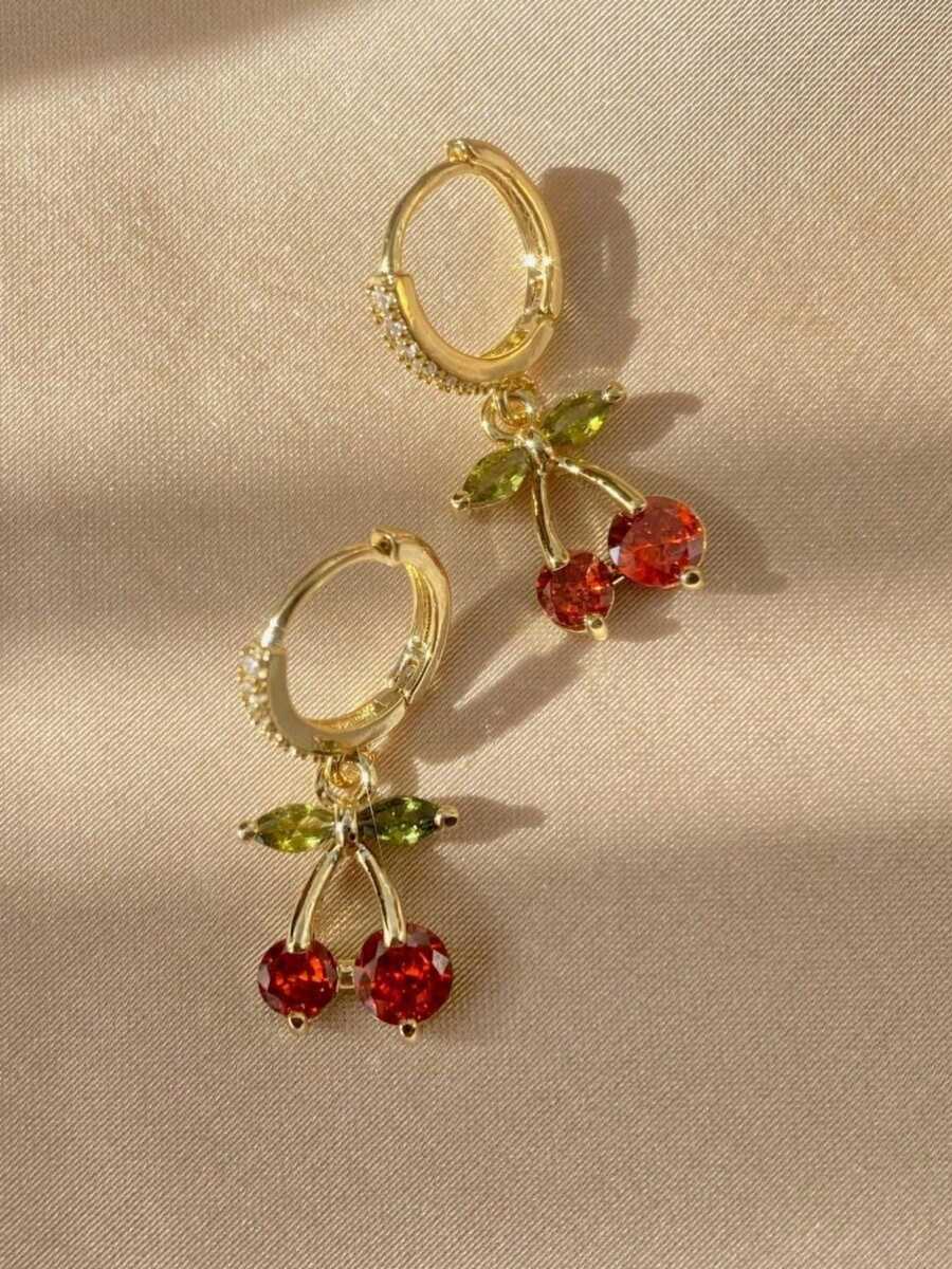 1对可爱甜美田园风红色樱桃耳钉，百搭清新可爱耳环 - 紅色 - 查看 1