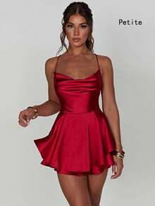 性感迷你褶皱吊带露背抽绳细肩带修身连衣裙，适合夏季酒吧、派对和居家穿着 - 酒紅色 - 查看 4