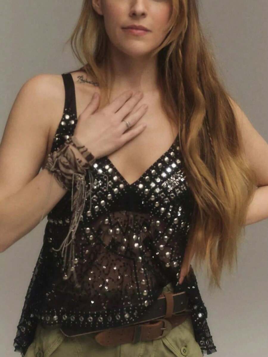 Seductive Sheer Backless Strappy Beach Top With Rhinestones - Black - View 1