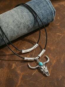 1pc Retro Western Cowboy Style Bull Head Pendant Necklace For Women, Paired With Oval Faux Turquoise, Double Layer Tassel Choker Necklace, Creative Accessory - Antique Silver - View 9