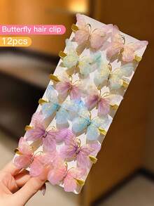 6/12pcs Cute Butterfly Shaped Gradient Color Hair Clip With Thin Gauze - Multicolor - View 7