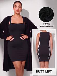 Seamless Soft Stretchy Rib Knit Camisole Dress, Women's Square Neck Bodycon Dress, Versatile Daily Wear, Women's Summer Dress - Black - View 4