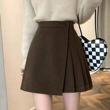 Minifalda de cintura alta con corte en A para mujer, faldas cruzadas de lana para primavera y otoño, faldas cortas asimétrica... - Marrón [con pantalones de  adentro] - Ver 1