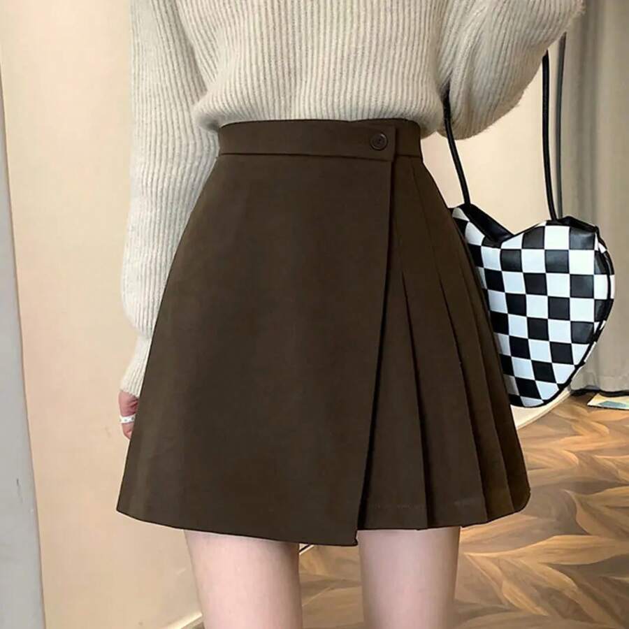 Minifalda de cintura alta con corte en A para mujer, faldas cruzadas de lana para primavera y otoño, faldas cortas asimétrica... - Marrón [con pantalones de  adentro] - Ver 1