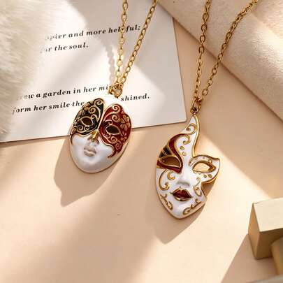 Máscara de mascarada con colgante floral retro de acero inoxidable, collar personalizado enchapado en oro con esmalte