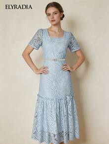 Đầm maxi ren thanh lịch, thích hợp mặc công sở mùa hè; Đầm dạ hội/dự tiệc cưới màu xanh thời trang cổ vuông, chân váy xếp ly. - Rửa nhẹ - Xem 7