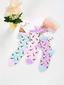 1/3 Paia Di Calzini Lavorati A Maglia Con Motivo Ape Carino, Calzini Casual Freschi E Dolci Per Uso Quotidiano, Calzini Comodi Adatti Per Primavera/Estate/Autunno, Regalo Per Amanti Delle Api - Multicolore - Visualizzare 6