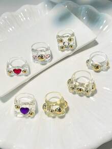 Y2K透明树脂戒指，宽版金属珠心形水钻戒指，朋克风叠戴戒指 - 彩色 - 查看 7