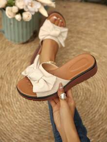 Plus Size Women's Versatile Bow Tie Wedge Platform Slide Sandals, New Summer Open Toe Beach High Heel Sandals - Beige - View 3