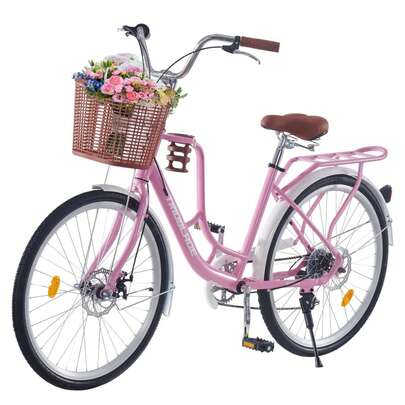 AYAYM Ladies Bike With Basket 24/26in 7 Speed City Bicycle Women Girls Comfort Bike Lightweight Frame Hybrid Disc Brakes With Cupholder Steel Rear Rack Adjustable Handbar And Seat