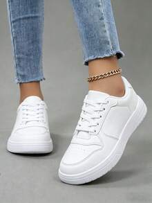 Women's White Leather Breatheable Lace-Up Shoes, Polished Upper With Ventilation Holes, Elevated Soft EVA Platform For Casual Outfits - 白色 - 查看 1