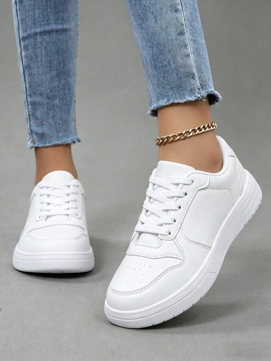 Women's White Leather Breatheable Lace-Up Shoes, Polished Upper With Ventilation Holes, Elevated Soft EVA Platform For Casual Outfits - 白色 - 查看 1