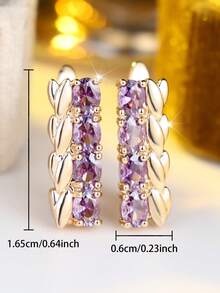 Pendientes tipo aro con hoja de CZ morada, pendientes tipo aro delicados chapados en oro, perfectos para fiesta/cita/uso diario, joyería de moda - Morado - Ver 4