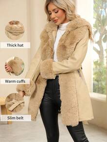 Giolshon Women's PU Jacket With Faux Fur And Belt - Perfect For Autumn/Winter, Stylish And Suitable For Daily Commute Or Work After Fastening The Belt - Khaki - View 2