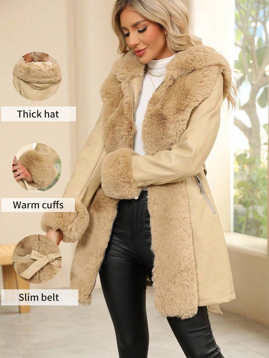 Giolshon Women's PU Jacket With Faux Fur And Belt - Perfect For Autumn/Winter, Stylish And Suitable For Daily Commute Or Work After Fastening The Belt
