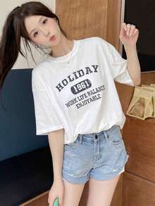 Camiseta de manga corta con estampado de letras , hombros caídos, corte holgado, Holiday 1961. El equilibrio entre el trabajo y la vida es agradable. Verano, 100% algodón. - Blanco - Ver 7
