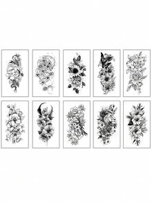 10 Sheets Watercolor Rose Flower Temporary Tattoos For Women, 10 Sheets Colorful Arm Sleeve Tattoos For Adults Floral Snake Lion, Arm Semi Permanent Fake Tattoos - Multicolor - View 9