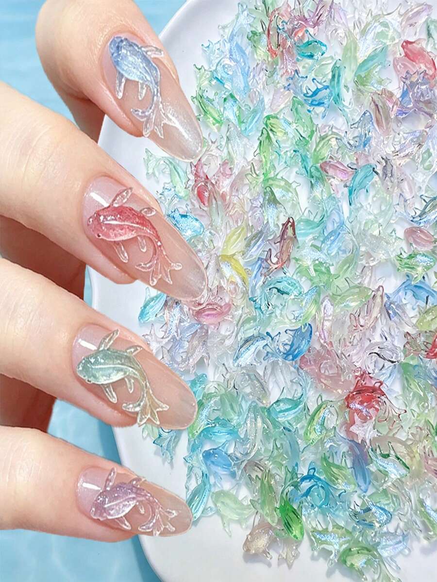 50个极光渐变锦鲤美甲饰品，透明树脂3D立体鲤鱼美甲装饰，DIY美甲，幸运中式锦鲤美甲配件，可爱美甲装饰