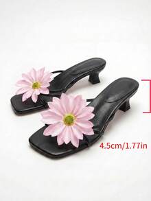 planare 新款女士时尚休闲度假风一脚蹬凉鞋，条纹3D立体花卉设计，猫跟方头夏季彩色凉鞋，白色人造花人字拖，黑色猫跟夏季凉鞋，度假风低跟女士凉鞋 - 黑色 - 查看 9