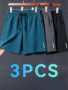 3pcs Men's High-Performance Casual Loose Quick-Dry Sports Shorts, With Reflective Strip Design, Pockets, Waist Zipper Drawstring, Soft And Lightweight Suitable For Training And Sports - Blue - View 8