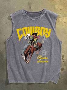 2026 Sleevelss Tops Men 2026 Sleevelss Tops Men Western Cowboy Print New Men's Premium Printed Heavy Pure Cotton Washed And Aged Waistcoat Sleeveless - 灰色 - 查看 6