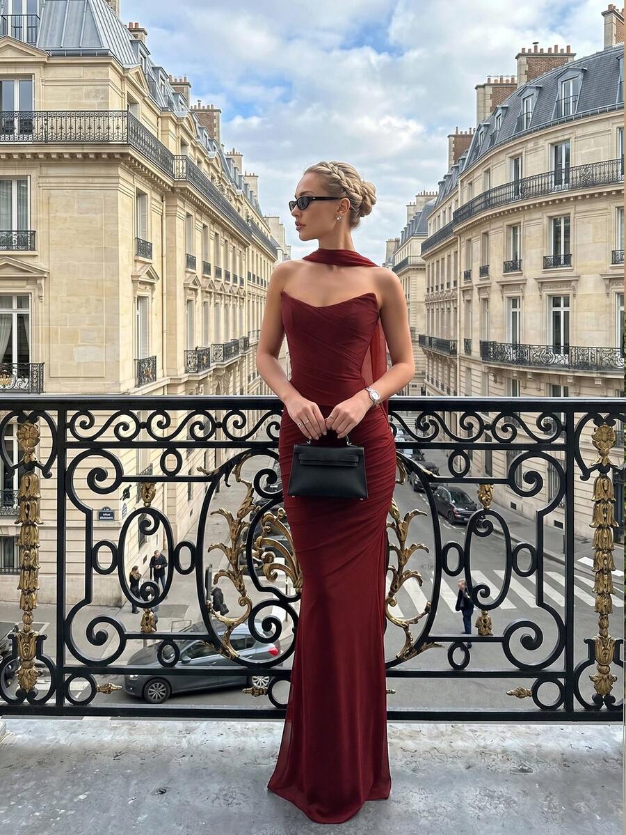 优雅法式魅力浪漫度假海滩婚礼派对性感女士飘逸上衣和鱼尾裙两件套 - 紅色 - 查看 1