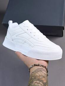 Men's Sneakers, Breathable All-Season Multi-Function Non-Slip Thick Sole Pure White Casual Leather Lace-Up Low-Top Oversized Sports Shoes - White - View 6