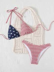 Swim Mod 2pcs/Set Women's Beach Summer Vacation USA Flag Print Halter Backless Top And Side Strap Swim Bottom 4th Of July Bikini Set - Nhiều màu 2 - Xem 4