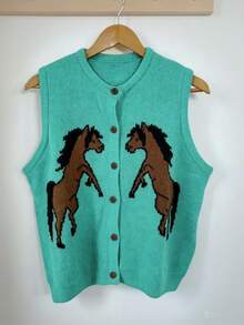 Versatile Women's Western Animal Print Color Block Horse Pattern Button Front Round Neck Sleeveless Knit Cardigan Vest, Everyday Wear Vacation - Mint Blue - View 8