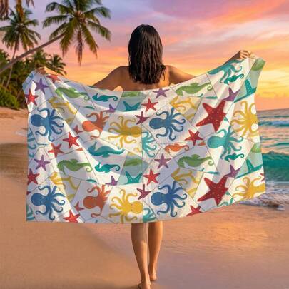 1pc Starfish, Seahorse, Octopus Printed Beach Towel, Suitable For Travel, Outdoor Camping, Beach, Swimming, Beach Vacation