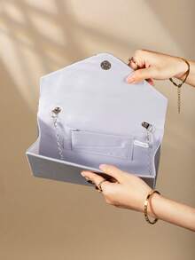Fashion Satin Trim Evening Clutch Handbag Envelope Shoulder Bag - Silver - View 6