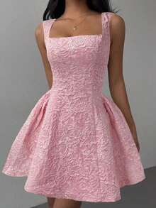 Vestido elegante de longitud media con estampado de jacquard para mujer en verano - Rosa - Ver 4