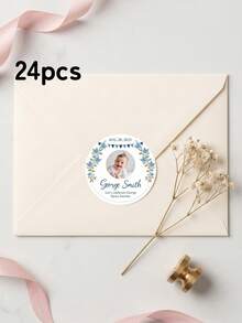 12/24/48pcs Personalized Photo Stickers, Customizable With Names, Birthday Party Decorations, Blue Floral Patterns, Circular Labels, Back To School - Multicolor - View 9