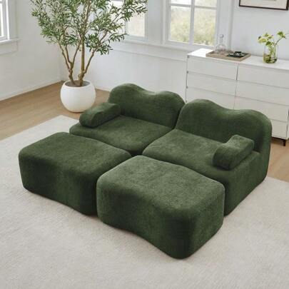 2-Seater Modular Sofa With 2 Ottomans, Boneless Sofa Made Of 32D High-Density Foam, Movable Armrest Cushions, For Living Room & Apartment, Non-Slip Design, Green WL