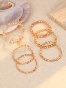 Bộ 7 vòng tay đính pha lê phong cách Bohemian dành cho nữ - Mặt dây chuyền vàng và hạt thủy tinh màu sâm panh trong suốt, trang sức xếp lớp tối giản co giãn. - Rượu sâm banh - Xem 3