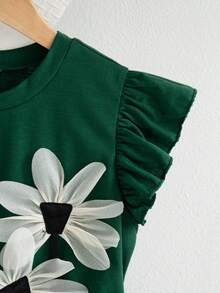 Atasan Tanpa Lengan Kasual untuk Anak Perempuan dengan Dekorasi Bunga 3D, Warna Polos, Musim Panas - Dark Green - View 5