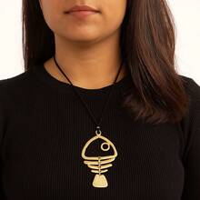 1 Piece Matte Golden Large Fishbone Punk Pendant Bohemia Long Chain Necklace Jewellery Gift For Woman - 金色 - 查看 3