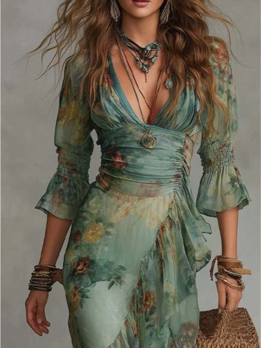 Women's Floral Printed V-Neck Maxi Dress, Irregular Hem Flowy Vacation Long Dress - Green - View 1