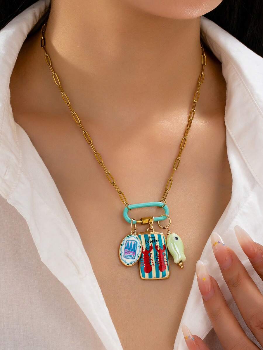 1 chiếc vòng cổ mặt dây chuyền phong cách Boho mùa hè cho nữ, dây xích bằng thép không gỉ hình kẹp giấy, khóa cài bằng men và mặt dây chuyền hình cá/tôm hùm, trang sức phong cách Bohemian cho kỳ nghỉ. - Dây chuyền mặt hình tôm hùm - Xem 1